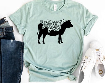 Koblomma-t-shirt, ko med blommig t-shirt, blommig djurt-tröja, julklapp, cowgirl-t-shirt, bondetopp, bondgårdströja, rolig kviga-tröja