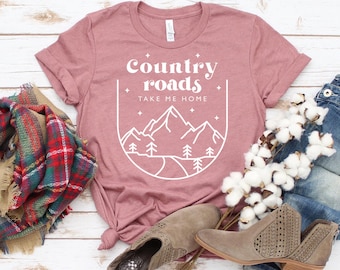 Country Roads Take Me Home Tシャツ、旅行好きのシャツ、クールな男性向けギフト、音楽好きのトップス、キャンプTシャツ、ウエスタンシャツ、キャンパーTシャツ