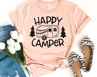 Happy Camper T-shirt, Camper Shirt, Camping Tee, Camping Life Top, Avontuur Cadeau, Reisshirt, Camp Lover Tee, Wanderlust Top, Dames Tee