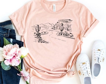 デザートビューTシャツ、サマーシャツ、アリゾナデザートトップ、マウンテンギフト、ボタニカルTシャツ、サボテンシャツ、ネイチャートラベルトップ、ハイキングTシャツ、レディーストップ
