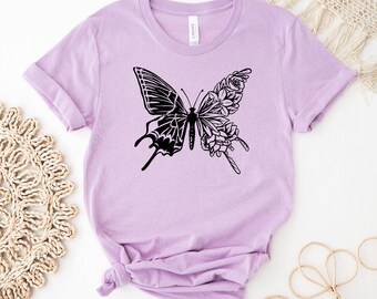 Floral Butterfly T-shirt, Nature Lover Shirt, Butterfly Lover Tee, Plant Mom Shirt, Animal Lover Top, Rainbow Butterfly Gift, Women's Tee