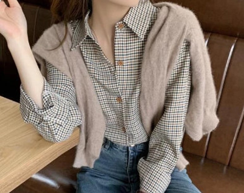 Elegant Academia Clothing Retro Loose Office Plaid Shirt - Etsy