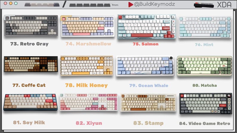 May include: A collection of twelve mechanical keyboards with various color schemes and keycap designs, labeled 73 through 84. The keyboards are arranged in a grid, featuring themes like Retro Gray, Marshmellow, Salmon, Mint, Coffe Cat, Milk Honey, Ocean Whale, Matcha, Soy Milk, Xiyun, Stamp, and Video Game Retro.