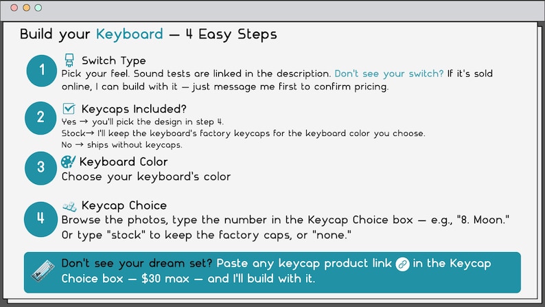 May include: An informational graphic titled Build your Keyboard - 4 Easy Steps. It outlines four numbered steps: 1. Switch Type, 2. Keycaps Included, 3. Keyboard Color, and 4. Keycap Choice, with additional instructions for custom keycap sets.