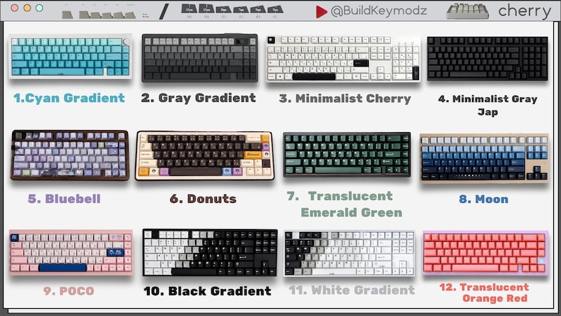 May include: A collection of twelve mechanical keyboards arranged in a grid, labeled 1 through 12. The keyboards feature various color schemes including cyan, gray, white, black, blue, green, and orange-red gradients, as well as patterned keycaps.