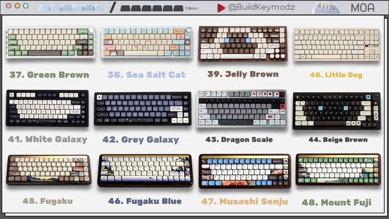 May include: A collection of twelve mechanical keyboards arranged in a grid, labeled 37 through 48. Each keyboard features unique color schemes and keycap designs, including themes like Green Brown, Sea Salt Cat, Jelly Brown, Little Dog, White Galaxy, Grey Galaxy, Dragon Scale, Beige Brown, Fugaku, Fugaku Blue, Musashi Senju, and Mount Fuji.