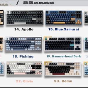 May include: A collection of twelve mechanical keyboards arranged in a grid, labeled 13 through 24 with names including Apes, Apollo, Blue Samurai, Botanical, Red Samurai, Fishing, Hammerhead Dark, Hammerhead Light, Illusion, Olivia, Rome, and Shoko.