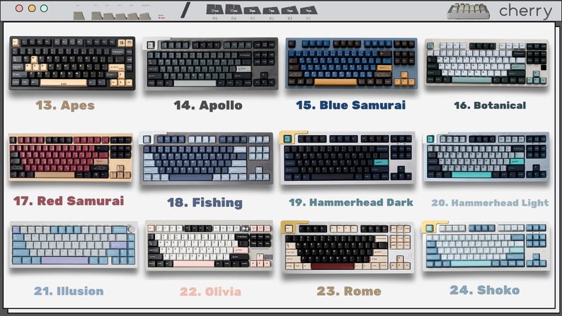 May include: A collection of twelve mechanical keyboards arranged in a grid, labeled 13 through 24 with names including Apes, Apollo, Blue Samurai, Botanical, Red Samurai, Fishing, Hammerhead Dark, Hammerhead Light, Illusion, Olivia, Rome, and Shoko.