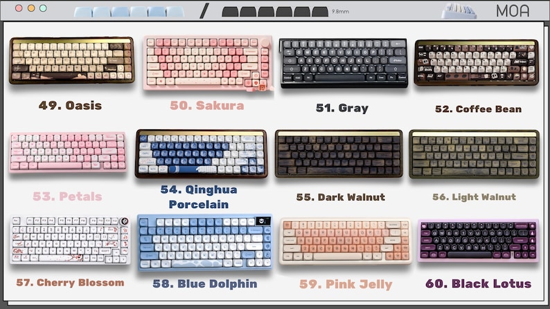 May include: A collection of twelve mechanical keyboards displayed in a grid, labeled 49 through 60. Each keyboard features a unique color scheme, including patterns like Sakura, Qinghua Porcelain, and wood finishes like Dark and Light Walnut.