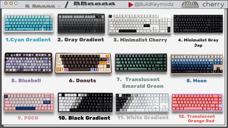 May include: A collection of twelve mechanical keyboards arranged in a grid, labeled 1 through 12. The keyboards feature various color schemes including cyan, gray, white, black, blue, green, and orange-red gradients, as well as patterned keycaps.