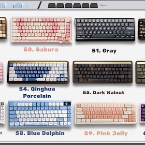 May include: A collection of twelve mechanical keyboards displayed in a grid, labeled 49 through 60. Each keyboard features a unique color scheme, including patterns like Sakura, Qinghua Porcelain, and wood finishes like Dark and Light Walnut.