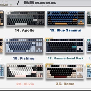 May include: A collection of twelve mechanical keyboards arranged in a grid, labeled 13 through 24 with names including Apes, Apollo, Blue Samurai, Botanical, Red Samurai, Fishing, Hammerhead Dark, Hammerhead Light, Illusion, Olivia, Rome, and Shoko.