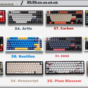 May include: A collection of twelve mechanical keyboards displayed in a grid, each labeled with a number and name including Jamon, Artic, Carbon, Marrs Green, Metropolis, Nautilus, 8008, Blue 8008, 9009, Manuscript, Plum Blossom, and Coffe.