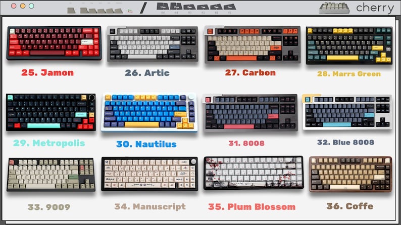 May include: A collection of twelve mechanical keyboards displayed in a grid, each labeled with a number and name including Jamon, Artic, Carbon, Marrs Green, Metropolis, Nautilus, 8008, Blue 8008, 9009, Manuscript, Plum Blossom, and Coffe.