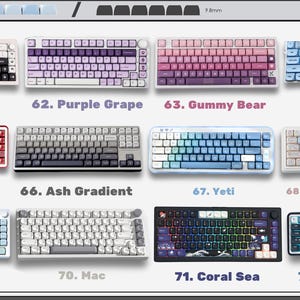 May include: A collection of twelve mechanical keyboards displayed in a grid, each labeled with a number and name. The designs include various color gradients, solid colors, and patterns, ranging from white and grey to purple, red, and blue themes.