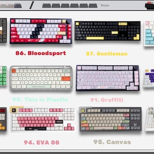 May include: A collection of twelve mechanical keyboards with various color schemes and keycap designs, labeled 85 through 96. The keyboards feature distinct themes including Shimmer, Bloodsport, Gentleman, Milk Cover, Avocado, This is Plastic, Graffiti, EVA 01, EVA 02, EVA 08, Canvas, and Hamster, displayed in a grid layout.