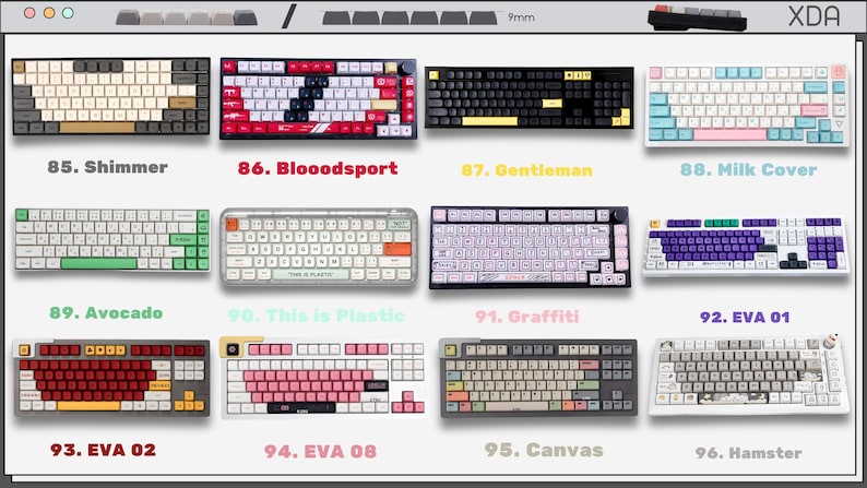 May include: A collection of twelve mechanical keyboards with various color schemes and keycap designs, labeled 85 through 96. The keyboards feature distinct themes including Shimmer, Bloodsport, Gentleman, Milk Cover, Avocado, This is Plastic, Graffiti, EVA 01, EVA 02, EVA 08, Canvas, and Hamster, displayed in a grid layout.