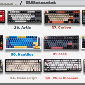 May include: A collection of twelve mechanical keyboards displayed in a grid, each labeled with a number and name including Jamon, Artic, Carbon, Marrs Green, Metropolis, Nautilus, 8008, Blue 8008, 9009, Manuscript, Plum Blossom, and Coffe, featuring various color schemes.