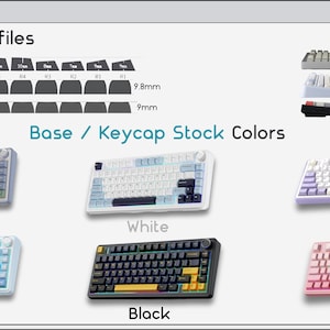 May include: A chart displaying keyboard keycap profiles including Cherry, MOA, and XDA with height measurements in millimeters. Below, six mechanical keyboards are shown in blue, white, purple, sea salt blue, black, and pink color variations.