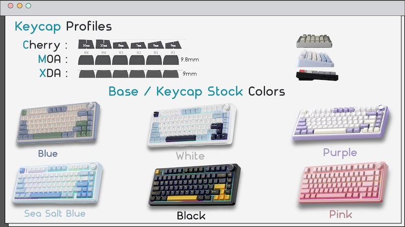 May include: A chart displaying keyboard keycap profiles including Cherry, MOA, and XDA with height measurements in millimeters. Below, six mechanical keyboards are shown in blue, white, purple, sea salt blue, black, and pink color variations.