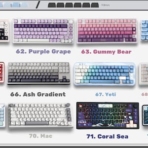 May include: A collection of twelve mechanical keyboards displayed in a grid, each labeled with a number and name. The designs include various color gradients, solid colors, and patterns, ranging from white and grey to purple, red, and blue themes.