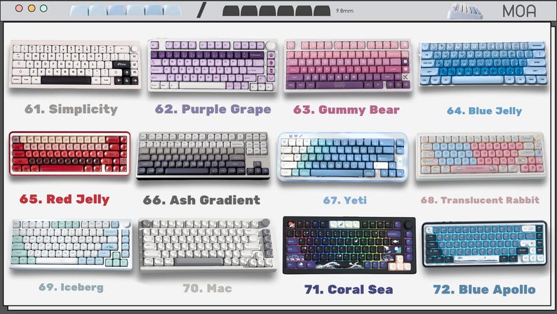May include: A collection of twelve mechanical keyboards displayed in a grid, each labeled with a number and name. The designs include various color gradients, solid colors, and patterns, ranging from white and grey to purple, red, and blue themes.