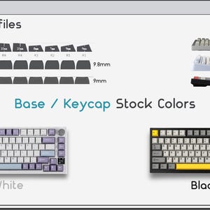 May include: A comparison chart titled Keycap Profiles showing Cherry, MOA, and XDA shapes with heights of 9.8mm and 9mm. Two mechanical keyboards are displayed below, one with a white base and purple keys, and one with a black base and yellow accents.