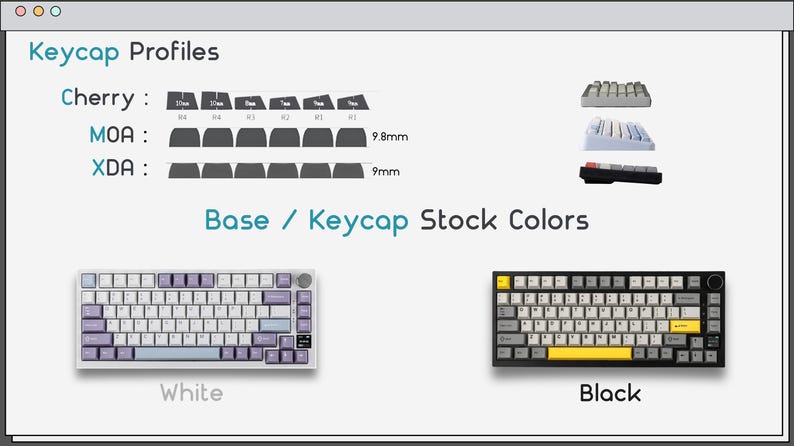 May include: A comparison chart titled Keycap Profiles showing Cherry, MOA, and XDA shapes with heights of 9.8mm and 9mm. Two mechanical keyboards are displayed below, one with a white base and purple keys, and one with a black base and yellow accents.