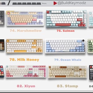 May include: A collection of twelve mechanical keyboards with various color schemes and keycap designs, labeled 73 through 84. The keyboards are arranged in a grid, featuring themes like Retro Gray, Marshmellow, Salmon, Mint, Coffe Cat, Milk Honey, Ocean Whale, Matcha, Soy Milk, Xiyun, Stamp, and Video Game Retro.