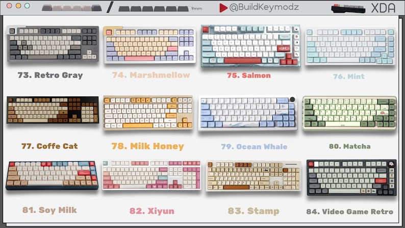 May include: A collection of twelve mechanical keyboards with various color schemes and keycap designs, labeled 73 through 84. The keyboards are arranged in a grid, featuring themes like Retro Gray, Marshmellow, Salmon, Mint, Coffe Cat, Milk Honey, Ocean Whale, Matcha, Soy Milk, Xiyun, Stamp, and Video Game Retro.