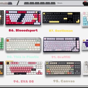 May include: A collection of twelve mechanical keyboards with various color schemes and keycap designs, labeled 85 through 96. The keyboards feature distinct themes including Shimmer, Bloodsport, Gentleman, Milk Cover, Avocado, This is Plastic, Graffiti, EVA 01, EVA 02, EVA 08, Canvas, and Hamster, displayed in a grid layout.