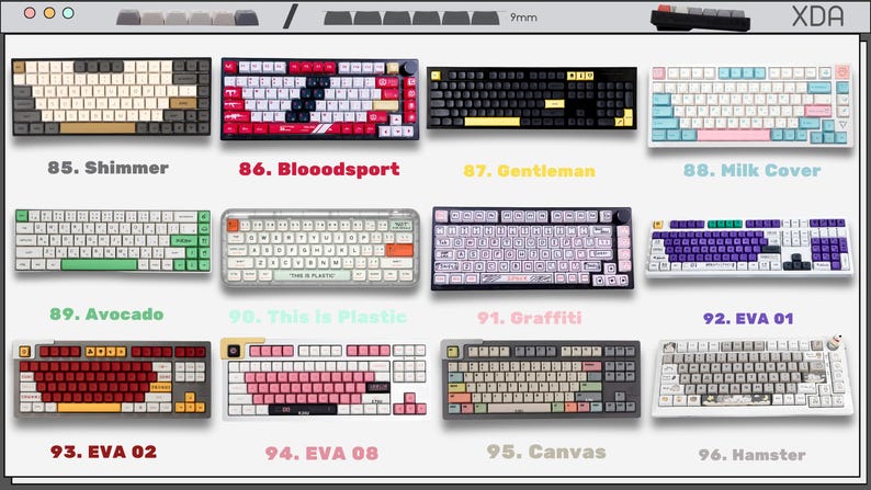 May include: A collection of twelve mechanical keyboards with various color schemes and keycap designs, labeled 85 through 96. The keyboards feature distinct themes including Shimmer, Bloodsport, Gentleman, Milk Cover, Avocado, This is Plastic, Graffiti, EVA 01, EVA 02, EVA 08, Canvas, and Hamster, displayed in a grid layout.