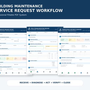 Può includere: Un sistema PDF professionale compilabile intitolato Building Maintenance Service Request Workflow. Mostra tre moduli: Service Request Intake, Field Troubleshooting Record e Verification & Return to Service, con un flusso di processo in basso.