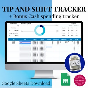 Puede incluir: Una pantalla de ordenador que muestra una hoja de cálculo de Google Sheets con un rastreador de propinas y turnos. La hoja de cálculo incluye columnas para la fecha, el turno, la hora de entrada, la hora de salida, las horas totales, las propinas totales en efectivo, las propinas totales con tarjeta, la propina retirada y las propinas totales. La hoja de cálculo también incluye un gráfico circular que muestra el porcentaje de propinas ganadas por cada turno. La hoja de cálculo se titula "Rastreador de propinas y turnos + Rastreador de gastos de efectivo adicionales".