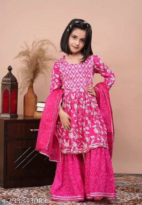 GIRLS PURPLE KURTI WITH MULTICOLOR FLORAL SHARARA AND DUPATTA (SET OF –  Amber Jaipur - Designer Clothes Online India