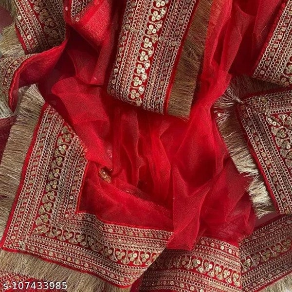 Mariage indien Zari brodé travail Dupatta de mariage avec bordure en velours, usure chunni, étole, écharpe, écharpes, voile, hijab, cadeau