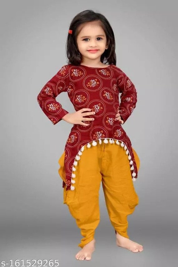 Girls Cotton Chaniya Choli Dhoti Set with Halter Neck, Kutchwork  Embroidered Traditional Ethnic Dress With Mirror