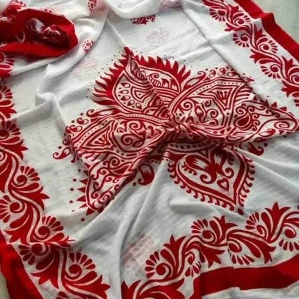 Beautiful Durga Puja White & Red Color Indian Saree For Women Girls Banarasi Sari Unstitched Blouse Ethnic Traditional Wedding Occasion Gift