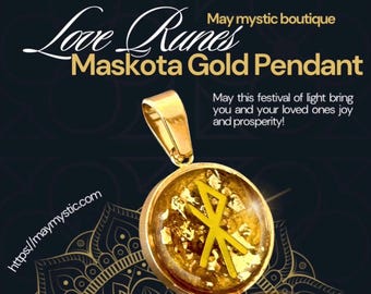 Pendentif amulette - Maskouta doré, runes, flocons d&#39;or 24 carats pour l&#39;amour et la prospérité