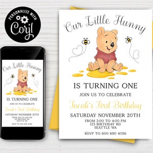 EDITABLE, Our Little Hunny is Turning One Birthday Invitation, 1st Birthday Invite, Classic Winnie Pooh Evite, Instant Digital Download A12