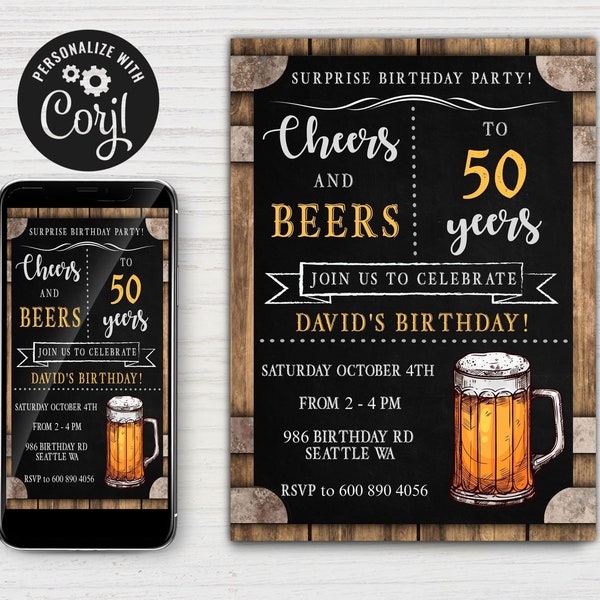 EDITABLE, Cheers and Beers Surprise Birthday Party Invitation, 30th 40th 50th Adult Birthday Invite, Instant Printable Digital Download