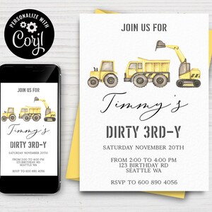 EDITABLE, Dirty 3rd-y Construction Trucks Birthday Party Invitation, Boy Birthday Party, Dump Truck Party, Instant Digital Download