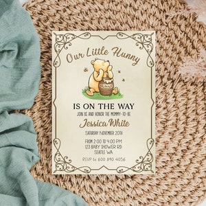 Classic Pooh Baby Shower Invitation, A Little Hunny is on the Way, Baby Shower Party Invite, Editable Instant Digital Download, E01