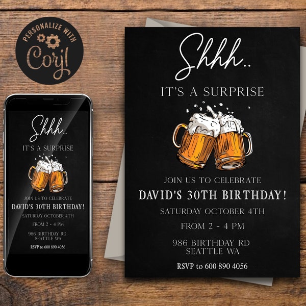 EDITABLE, Beer Surprise Birthday Party Invitation, 30th 40th 50th Adult Birthday Invite, DIY Instant Printable Digital Download