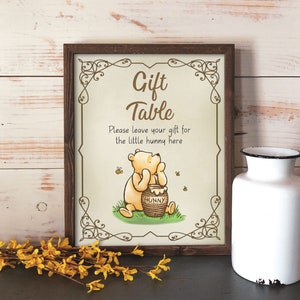 Clásico winnie the pooh letrero de mesa de regalo, decoración de pooh baby shower, decoraciones imprimibles de letreros de fiesta, descarga digital instantánea, E01