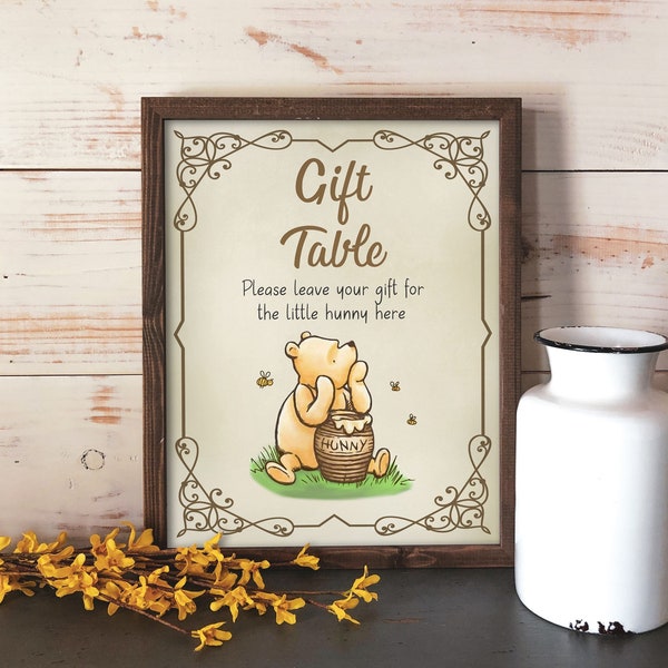 Classic Winnie The Pooh Gift Table Sign, Pooh Baby Shower Decor, Printable Party Sign Decorations, Instant Digital Download, E01
