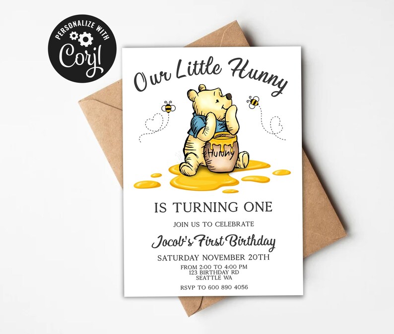 EDITABLE Our Little Hunny is Turning One Birthday Invitation Little Honey Classic Winnie Pooh Evite Instant Digital Download