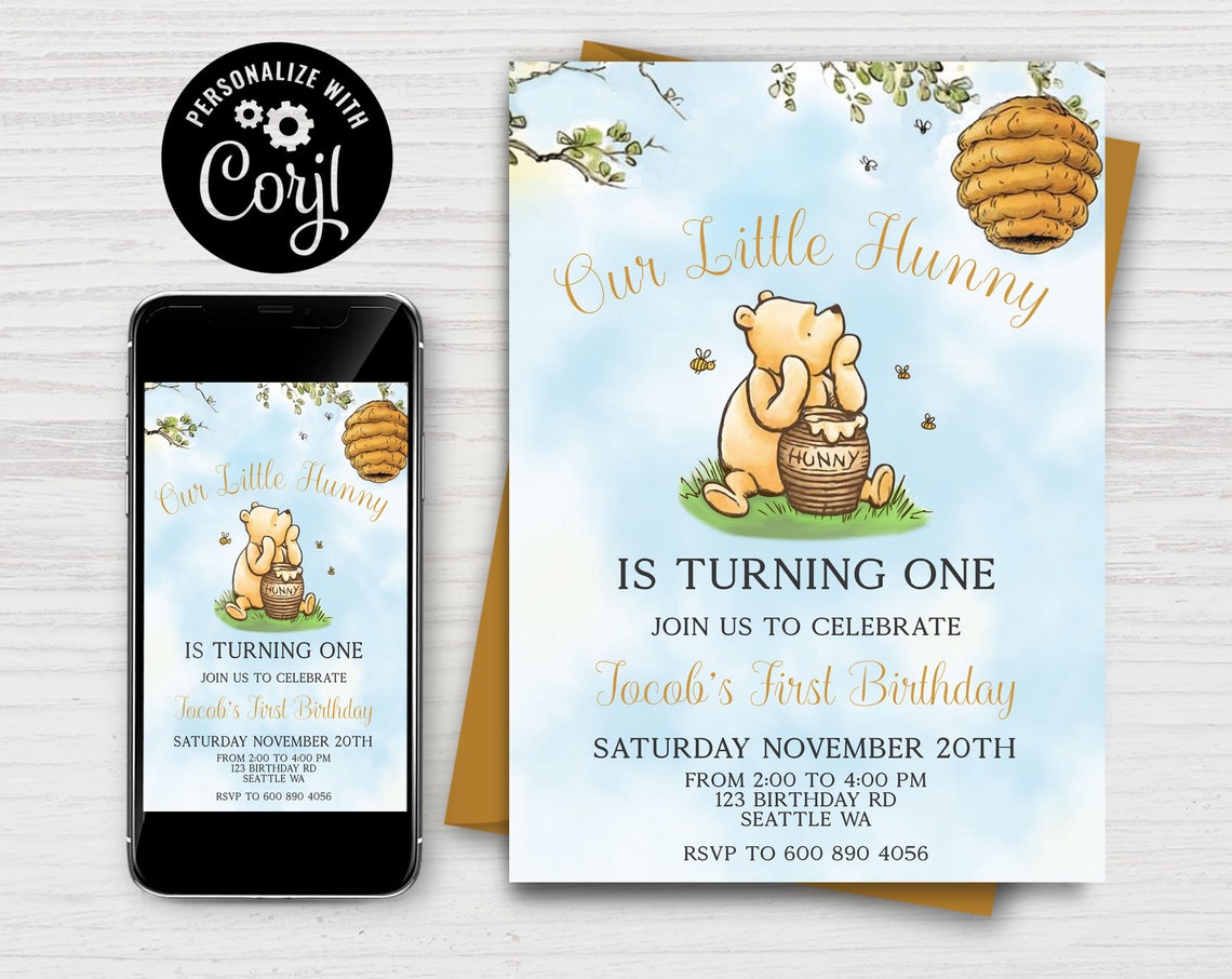 Winnie the Pooh 1st Birthday Invitation, Classic Pooh First Bithday