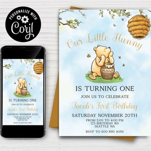 Winnie the Pooh 1st Birthday Invitation, Classic Pooh First Bithday Invite, Our Little Hunny is Turning One, Instant Digital Download D01