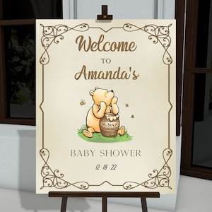Classic Winnie the Pooh Baby Shower Welcome Sign, Vintage Party Welcome Sign, Editable Instant Digital Download, Printable Corjl, E01